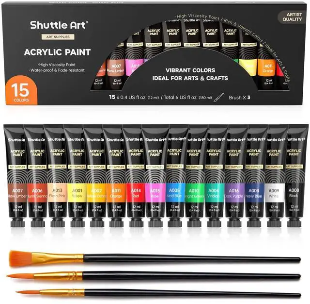 Main image of Acrylic Paint Set, 15 x 12ml Tubes Artist Quality Non Toxic Rich Pigments Colors Perfect for Kids Adults Beginners Artists Painting on Canvas Wood Clay Fabric Ceramic Crafts