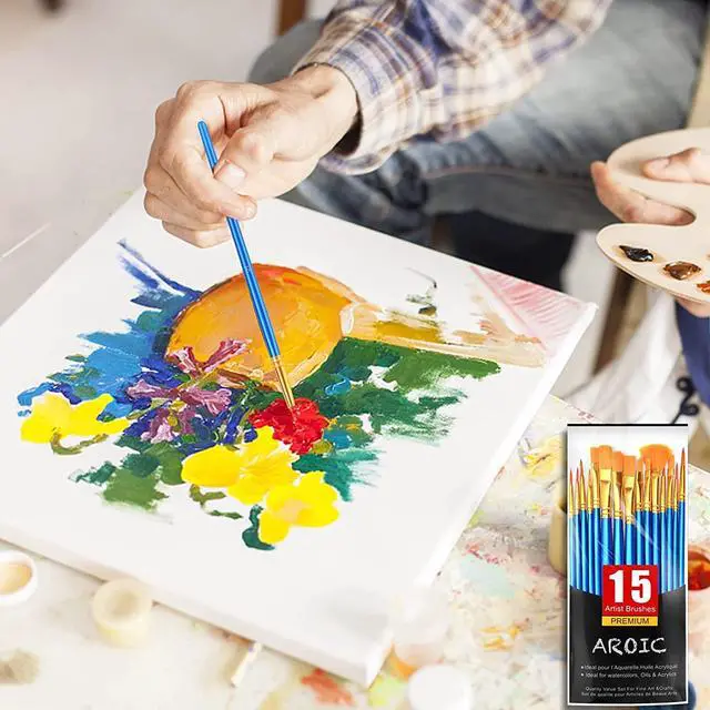 Alt view image 6 of 7 - Acrylic Paint Brush Set, 15 pcs Nylon Hair Paint Brushes | All Purpose Oil Watercolor Face Body Rock Painting Artist, Small Painting Brush Kits for Kids Adult Drawing