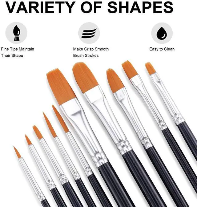 Alt view image 2 of 7 - Paint Brushes, Acrylic Paint Brushes, 10 Pcs Round Pointed Tip | Small Nylon Hair, for Acrylic, Oil and Gouache, Body, Face Nail Art and Rock Painting, Perfect for Kids & Adult