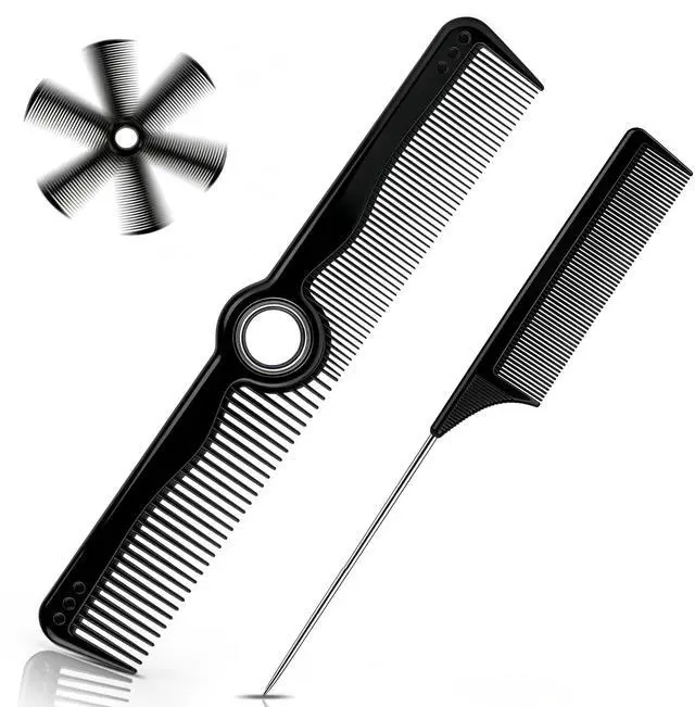 Main image of Rotatable Hair Comb, 8" Fine & Wide Tooth Comb with Bonus 9" Rat Tail Comb | Professional Hair Comb for Men Women, Carbon Fiber + ABS, Rounded Teeth, Heat Resistant for Hair Stylists, Barbers