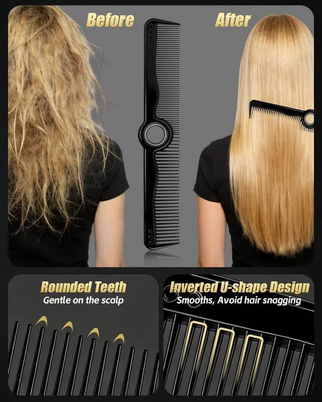 Alt view image 2 of 7 - Rotatable Hair Comb, 8" Fine & Wide Tooth Comb with Bonus 9" Rat Tail Comb | Professional Hair Comb for Men Women, Carbon Fiber + ABS, Rounded Teeth, Heat Resistant for Hair Stylists, Barbers
