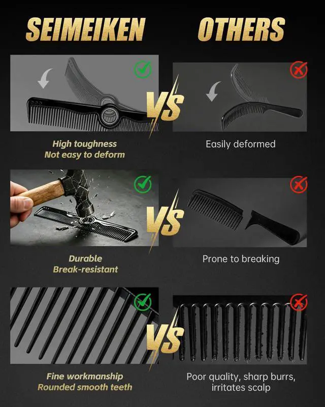 Alt view image 3 of 7 - Rotatable Hair Comb, 8" Fine & Wide Tooth Comb with Bonus 9" Rat Tail Comb | Professional Hair Comb for Men Women, Carbon Fiber + ABS, Rounded Teeth, Heat Resistant for Hair Stylists, Barbers