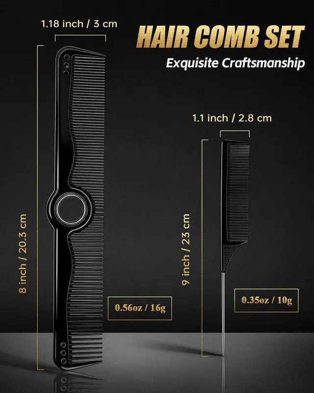 Alt view image 6 of 7 - Rotatable Hair Comb, 8" Fine & Wide Tooth Comb with Bonus 9" Rat Tail Comb | Professional Hair Comb for Men Women, Carbon Fiber + ABS, Rounded Teeth, Heat Resistant for Hair Stylists, Barbers