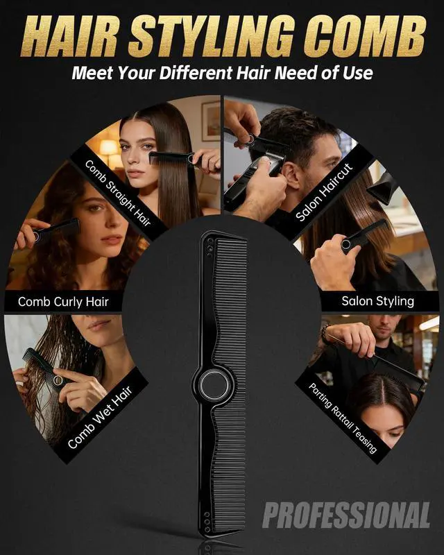 Alt view image 7 of 7 - Rotatable Hair Comb, 8" Fine & Wide Tooth Comb with Bonus 9" Rat Tail Comb | Professional Hair Comb for Men Women, Carbon Fiber + ABS, Rounded Teeth, Heat Resistant for Hair Stylists, Barbers