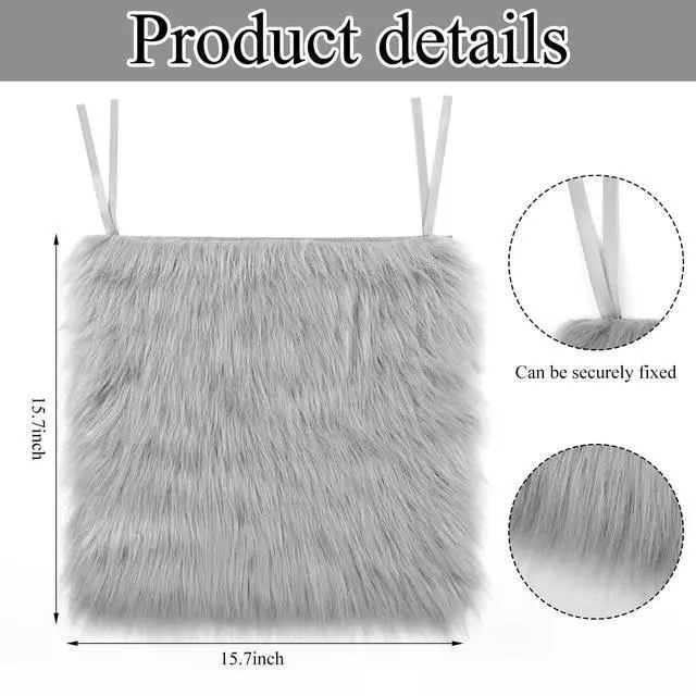 Alt view image 2 of 5 - Faux Sheepskin Seat Cushion, Dorm Desk Chair Pad, Silver Grey | 16x16 Inch Soft Shag Cover with Non-slip Ties, for Office Gaming Chair, Vanity, Dorm Desk Decor, Seat Protector