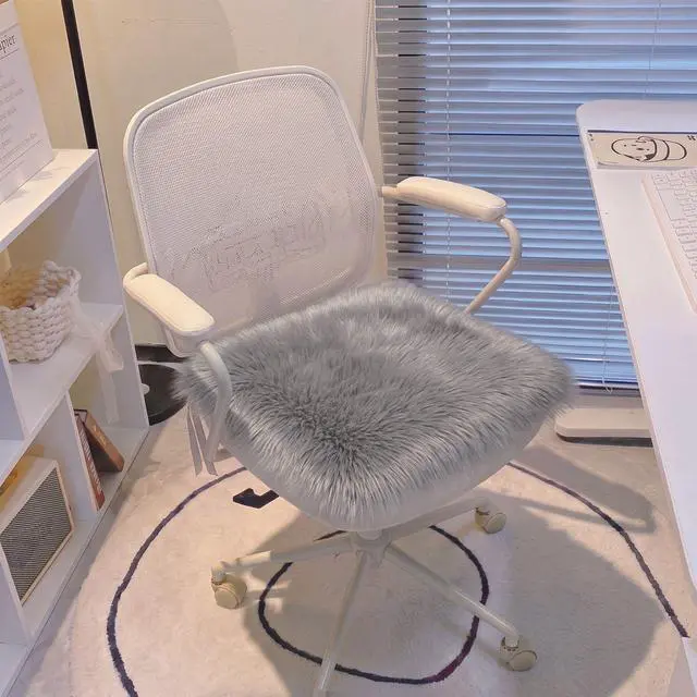 Alt view image 4 of 5 - Faux Sheepskin Seat Cushion, Dorm Desk Chair Pad, Silver Grey | 16x16 Inch Soft Shag Cover with Non-slip Ties, for Office Gaming Chair, Vanity, Dorm Desk Decor, Seat Protector