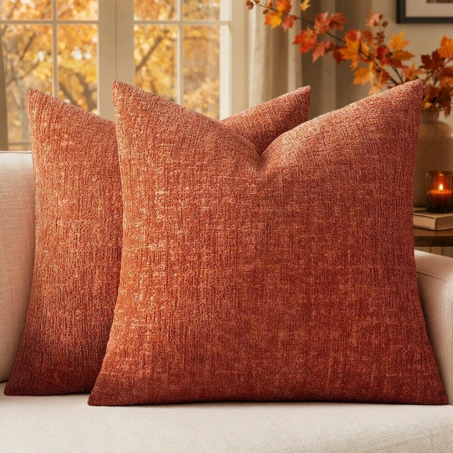 Main image of Fall Couch Pillow Covers Textured Chenille 18x18 Orange | Set of 2 Soft Luxurious Decorative Throw Pillow Covers Autumn Cozy Pillowcases Home Decor Living Room Cushion Sofa Bed