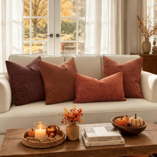 Alt view image 5 of 7 - Fall Couch Pillow Covers Textured Chenille 18x18 Orange | Set of 2 Soft Luxurious Decorative Throw Pillow Covers Autumn Cozy Pillowcases Home Decor Living Room Cushion Sofa Bed