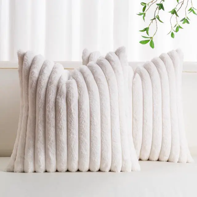 Main image of Pack of 2 Faux Fur Christmas Throw Pillow Covers 18x18 Inch, Cream White | Fall Plush Striped Couch Pillow Cover, with Velvet Back Modern Home Decorative Throw Pillow for Sofa Living Room Couch Bed