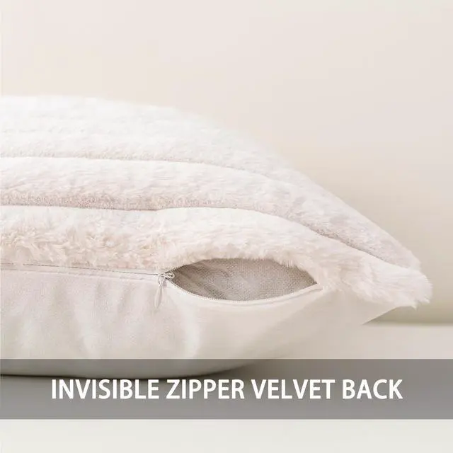 Alt view image 2 of 7 - Pack of 2 Faux Fur Christmas Throw Pillow Covers 18x18 Inch, Cream White | Fall Plush Striped Couch Pillow Cover, with Velvet Back Modern Home Decorative Throw Pillow for Sofa Living Room Couch Bed