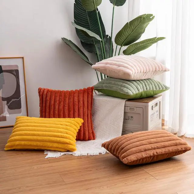 Alt view image 5 of 7 - Pack of 2 Faux Fur Christmas Throw Pillow Covers 18x18 Inch, Cream White | Fall Plush Striped Couch Pillow Cover, with Velvet Back Modern Home Decorative Throw Pillow for Sofa Living Room Couch Bed