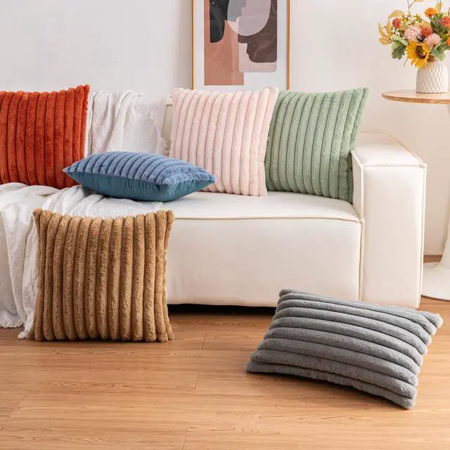 Alt view image 6 of 7 - Pack of 2 Faux Fur Christmas Throw Pillow Covers 18x18 Inch, Cream White | Fall Plush Striped Couch Pillow Cover, with Velvet Back Modern Home Decorative Throw Pillow for Sofa Living Room Couch Bed