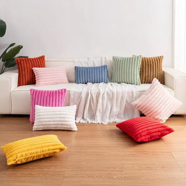 Alt view image 7 of 7 - Pack of 2 Faux Fur Christmas Throw Pillow Covers 18x18 Inch, Cream White | Fall Plush Striped Couch Pillow Cover, with Velvet Back Modern Home Decorative Throw Pillow for Sofa Living Room Couch Bed