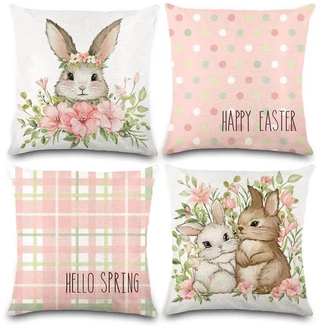 Main image of 4 Pack Easter Spring Pillow Covers, 18x18in Buffalo Plaid Farmhouse Rabbit Bunny Flower Easter Throw Pillows, Couch Decor