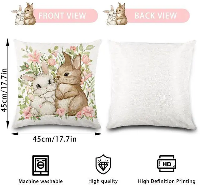 Alt view image 2 of 7 - 4 Pack Easter Spring Pillow Covers, 18x18in Buffalo Plaid Farmhouse Rabbit Bunny Flower Easter Throw Pillows, Couch Decor