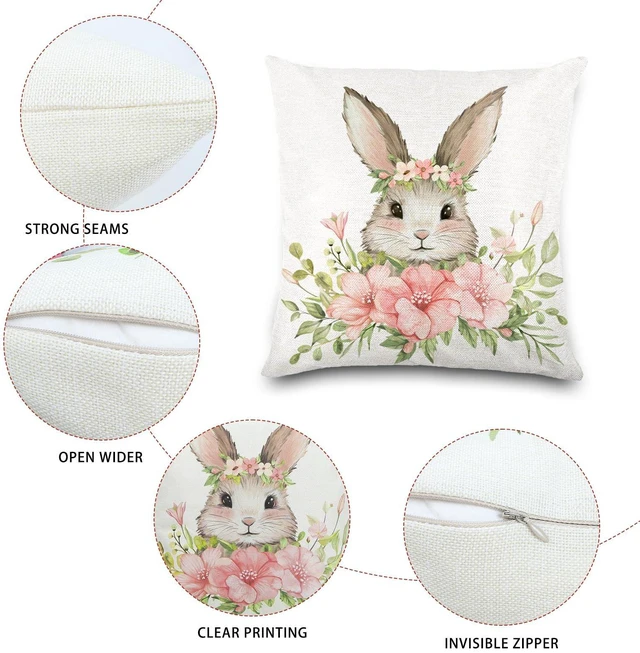 Alt view image 3 of 7 - 4 Pack Easter Spring Pillow Covers, 18x18in Buffalo Plaid Farmhouse Rabbit Bunny Flower Easter Throw Pillows, Couch Decor