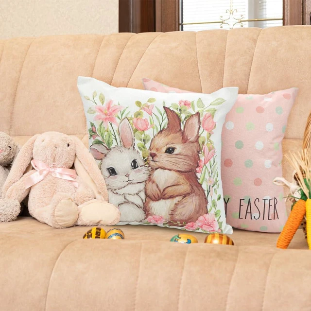 Alt view image 6 of 7 - 4 Pack Easter Spring Pillow Covers, 18x18in Buffalo Plaid Farmhouse Rabbit Bunny Flower Easter Throw Pillows, Couch Decor