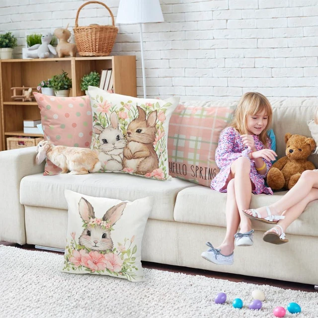 Alt view image 7 of 7 - 4 Pack Easter Spring Pillow Covers, 18x18in Buffalo Plaid Farmhouse Rabbit Bunny Flower Easter Throw Pillows, Couch Decor