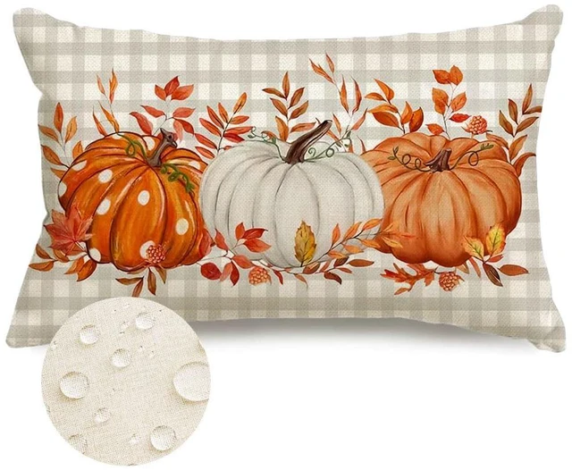 Main image of Fall Outdoor Pillows 12x20 Inch Outdoor Waterproof Autumn Decorations for Home Gray Buffalo Check Polka Dot Pumpkin Thanksgiving Decor Decorative Throw Pillowcases for Couch Burnt Orange