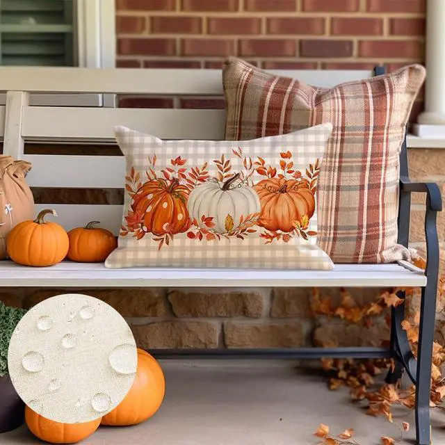 Alt view image 2 of 7 - Fall Outdoor Pillows 12x20 Inch Outdoor Waterproof Autumn Decorations for Home Gray Buffalo Check Polka Dot Pumpkin Thanksgiving Decor Decorative Throw Pillowcases for Couch Burnt Orange