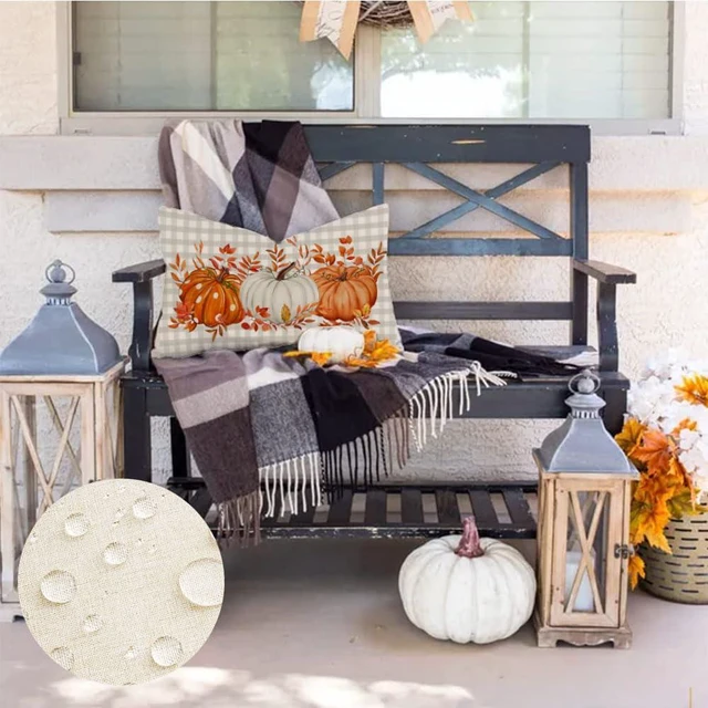 Alt view image 3 of 7 - Fall Outdoor Pillows 12x20 Inch Outdoor Waterproof Autumn Decorations for Home Gray Buffalo Check Polka Dot Pumpkin Thanksgiving Decor Decorative Throw Pillowcases for Couch Burnt Orange
