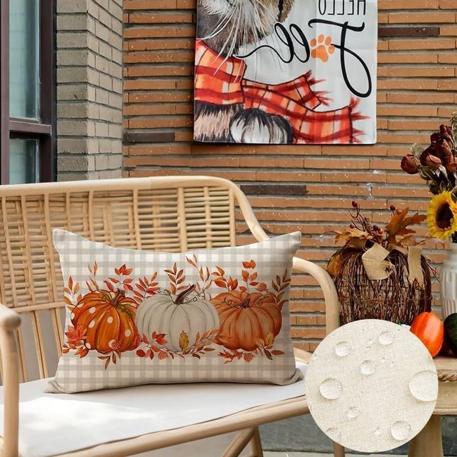 Alt view image 4 of 7 - Fall Outdoor Pillows 12x20 Inch Outdoor Waterproof Autumn Decorations for Home Gray Buffalo Check Polka Dot Pumpkin Thanksgiving Decor Decorative Throw Pillowcases for Couch Burnt Orange