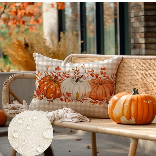 Alt view image 5 of 7 - Fall Outdoor Pillows 12x20 Inch Outdoor Waterproof Autumn Decorations for Home Gray Buffalo Check Polka Dot Pumpkin Thanksgiving Decor Decorative Throw Pillowcases for Couch Burnt Orange