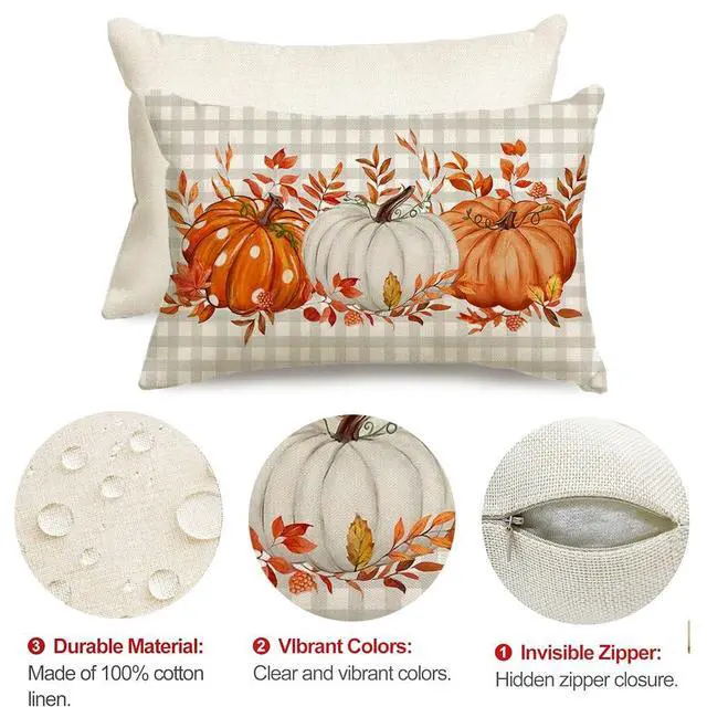 Alt view image 6 of 7 - Fall Outdoor Pillows 12x20 Inch Outdoor Waterproof Autumn Decorations for Home Gray Buffalo Check Polka Dot Pumpkin Thanksgiving Decor Decorative Throw Pillowcases for Couch Burnt Orange
