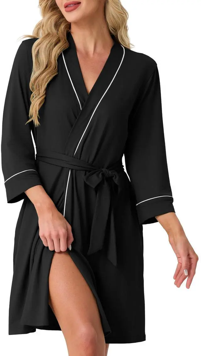 Main image of Womens Robe Knee Length Soft Knit Bathrobe Black-M | V-Neck 3/4 Sleeve Robes with Pockets, Lightweight, Breathable Bath Robe for Shower, Spa, Travel, Home, Party, Nursing