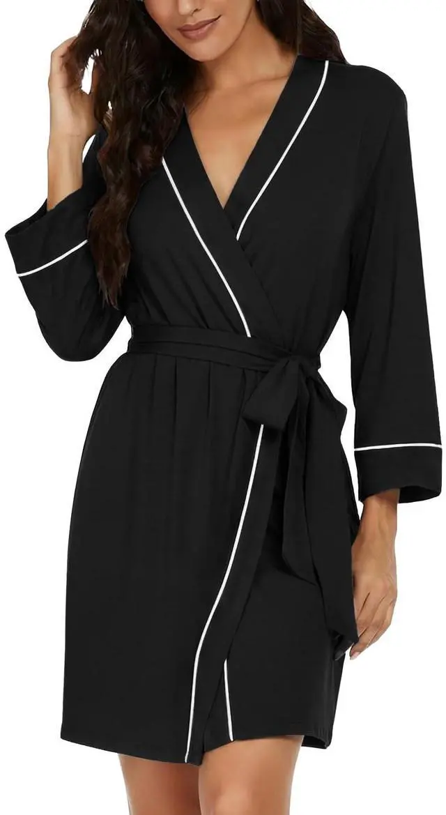 Alt view image 2 of 6 - Womens Robe Knee Length Soft Knit Bathrobe Black-M | V-Neck 3/4 Sleeve Robes with Pockets, Lightweight, Breathable Bath Robe for Shower, Spa, Travel, Home, Party, Nursing