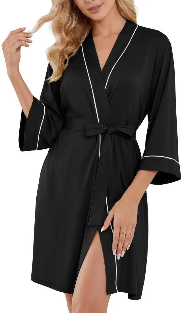 Alt view image 3 of 6 - Womens Robe Knee Length Soft Knit Bathrobe Black-M | V-Neck 3/4 Sleeve Robes with Pockets, Lightweight, Breathable Bath Robe for Shower, Spa, Travel, Home, Party, Nursing