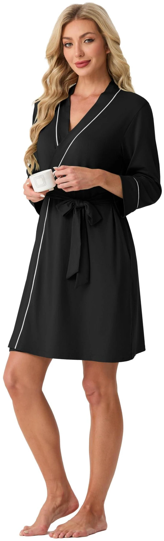 Alt view image 5 of 6 - Womens Robe Knee Length Soft Knit Bathrobe Black-M | V-Neck 3/4 Sleeve Robes with Pockets, Lightweight, Breathable Bath Robe for Shower, Spa, Travel, Home, Party, Nursing