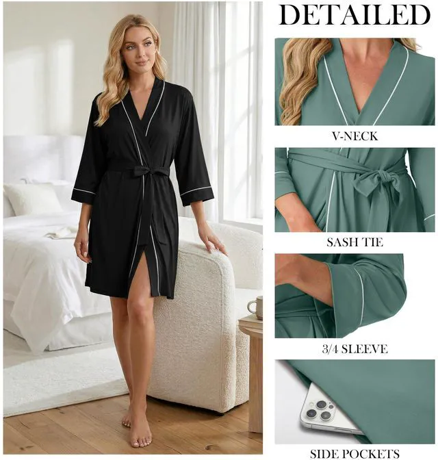 Alt view image 4 of 6 - Womens Robe Knee Length Soft Knit Bathrobe Black-M | V-Neck 3/4 Sleeve Robes with Pockets, Lightweight, Breathable Bath Robe for Shower, Spa, Travel, Home, Party, Nursing