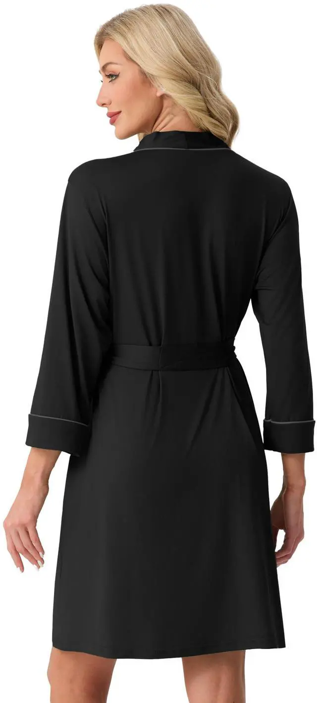Alt view image 6 of 6 - Womens Robe Knee Length Soft Knit Bathrobe Black-M | V-Neck 3/4 Sleeve Robes with Pockets, Lightweight, Breathable Bath Robe for Shower, Spa, Travel, Home, Party, Nursing