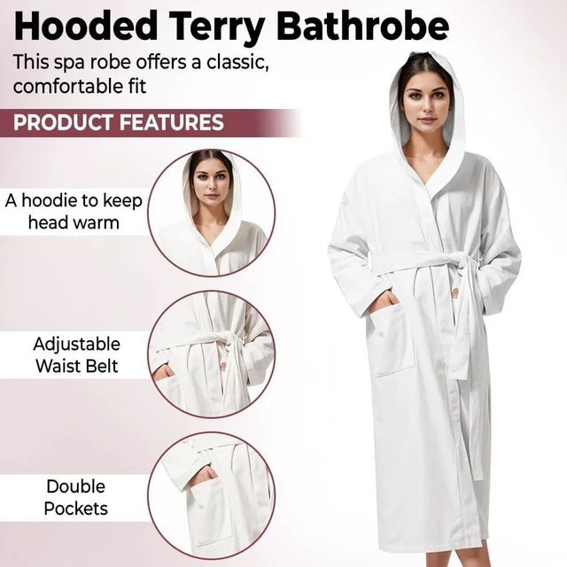 Alt view image 2 of 6 - WOMEN Hooded BATHROBE (US, Alpha, Large, Regular, Regular, White)