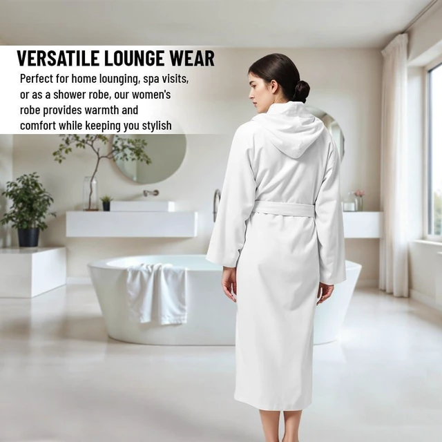 Alt view image 3 of 6 - WOMEN Hooded BATHROBE (US, Alpha, Large, Regular, Regular, White)