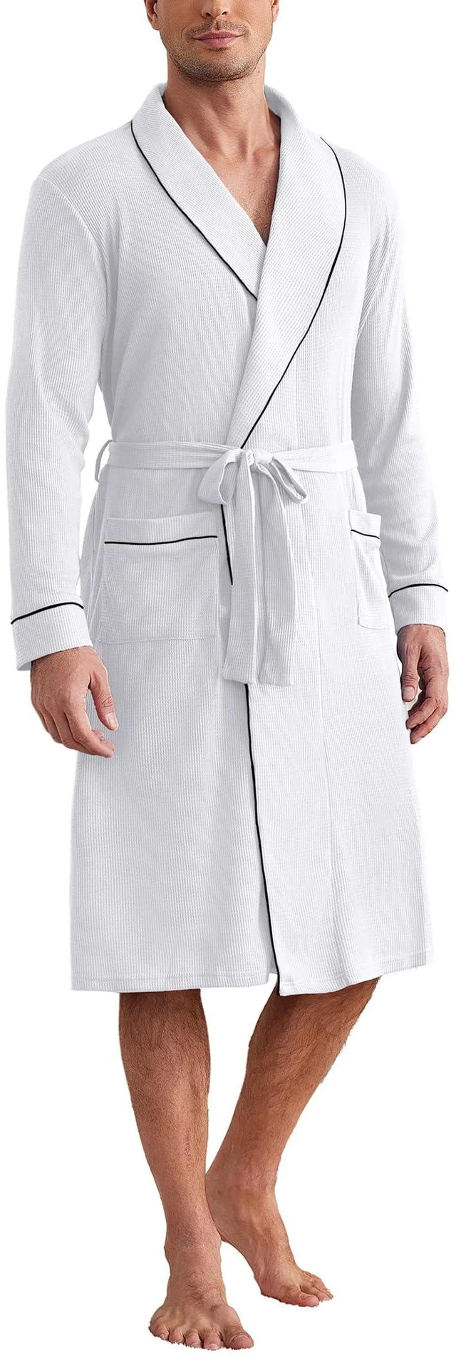 Main image of Mens Robes Lightweight Waffle Knit Kimono Bathrobe Long Sleeve Sleepwear Soft Knee Length Robe with Pockets White X-Large