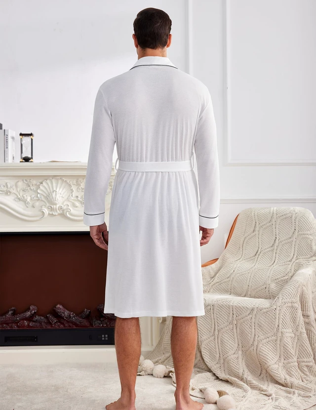 Alt view image 4 of 4 - Mens Robes Lightweight Waffle Knit Kimono Bathrobe Long Sleeve Sleepwear Soft Knee Length Robe with Pockets White X-Large