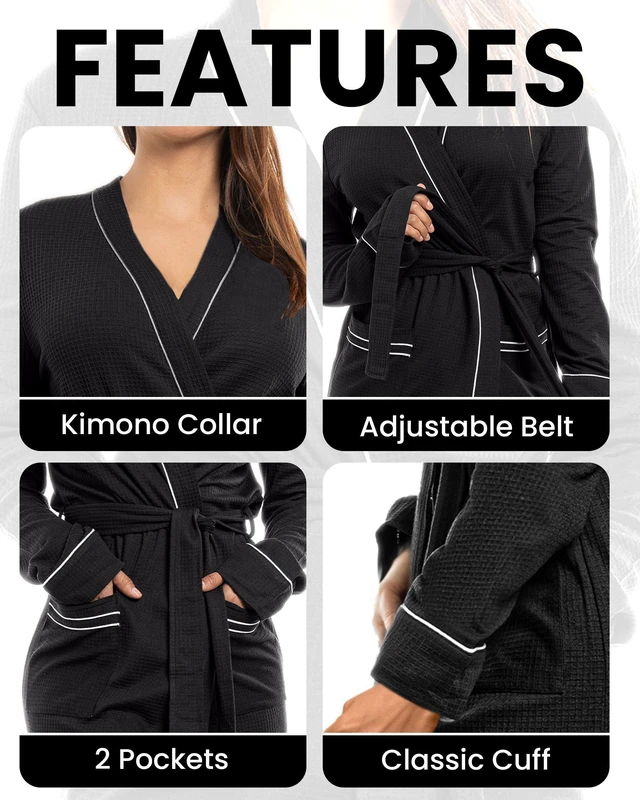 Alt view image 3 of 6 - Cotton Blend Lightweight Waffle Robe for Women Knee-Length Soft Bathrobe, Medium, Black