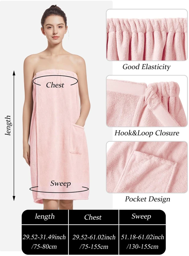 Alt view image 3 of 7 - Women'S Soft Wrap Towel Full LengthBath Robe After Shower Female Plush LongSpa Bathrobes Lightweight With Pockets (US, Alpha, One Size, Regular, Regular, Pink)