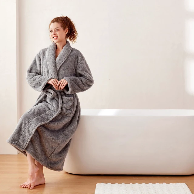 Alt view image 5 of 6 - Robes for Women Premium Womens Plush Soft Robe Fluffy, Warm, Fleece Sherpa Shaggy Bathrobe, Soft Warm Womens Robe with Pockets and Belt, Light Grey, Large