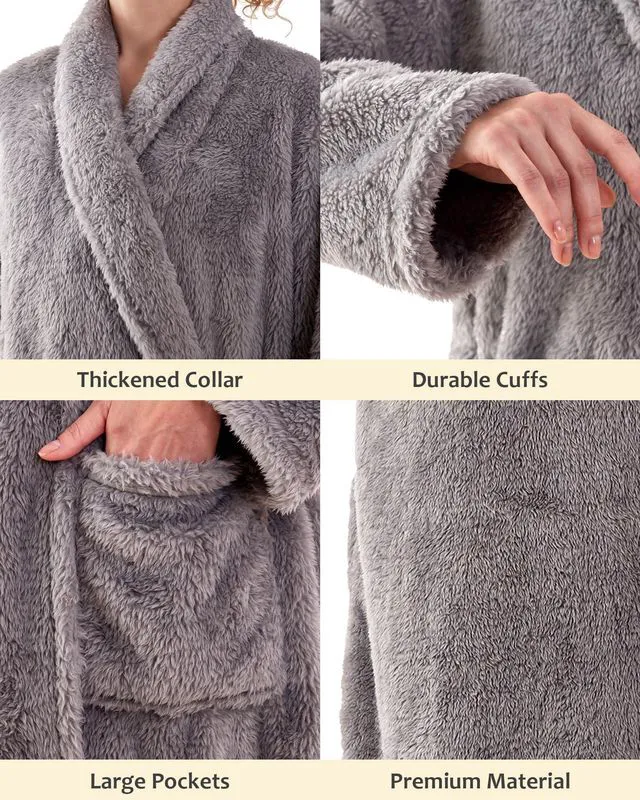 Alt view image 4 of 6 - Robes for Women Premium Womens Plush Soft Robe Fluffy, Warm, Fleece Sherpa Shaggy Bathrobe, Soft Warm Womens Robe with Pockets and Belt, Light Grey, Large