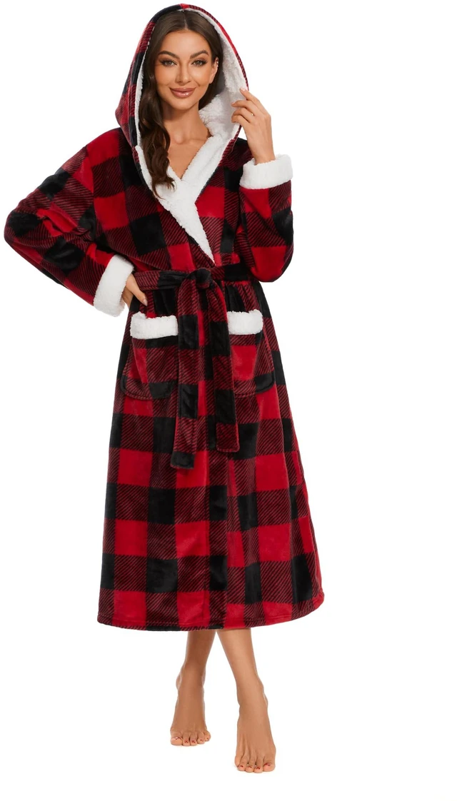 Alt view image 2 of 4 - Plush Robes for Women, Womens Robe Long, Fuzzy Fluffy Soft Warm Fleece Hooded Bathrobe