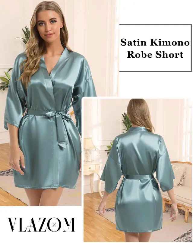 Alt view image 2 of 6 - Women's Kimono Robes Short Satin Bathrobe Solid Bridal Party Robe with Oblique V-Neck