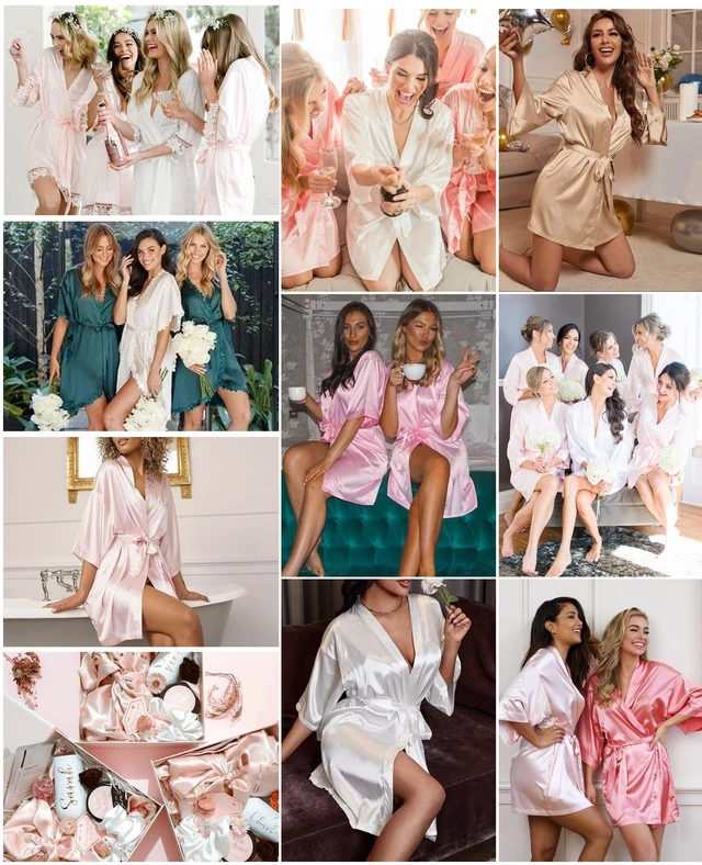 Alt view image 5 of 6 - Women's Kimono Robes Short Satin Bathrobe Solid Bridal Party Robe with Oblique V-Neck