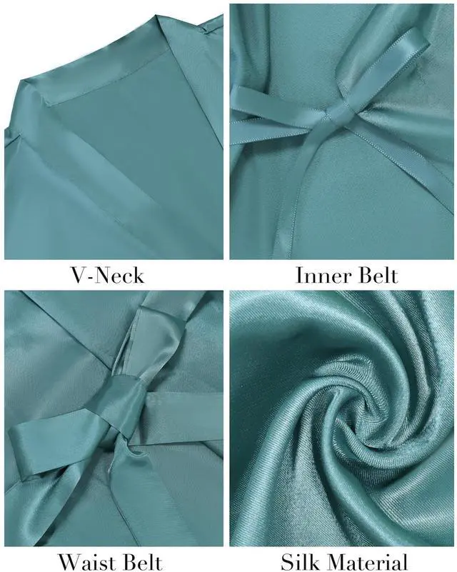 Alt view image 3 of 6 - Women's Kimono Robes Short Satin Bathrobe Solid Bridal Party Robe with Oblique V-Neck