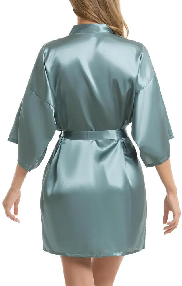Alt view image 6 of 6 - Women's Kimono Robes Short Satin Bathrobe Solid Bridal Party Robe with Oblique V-Neck