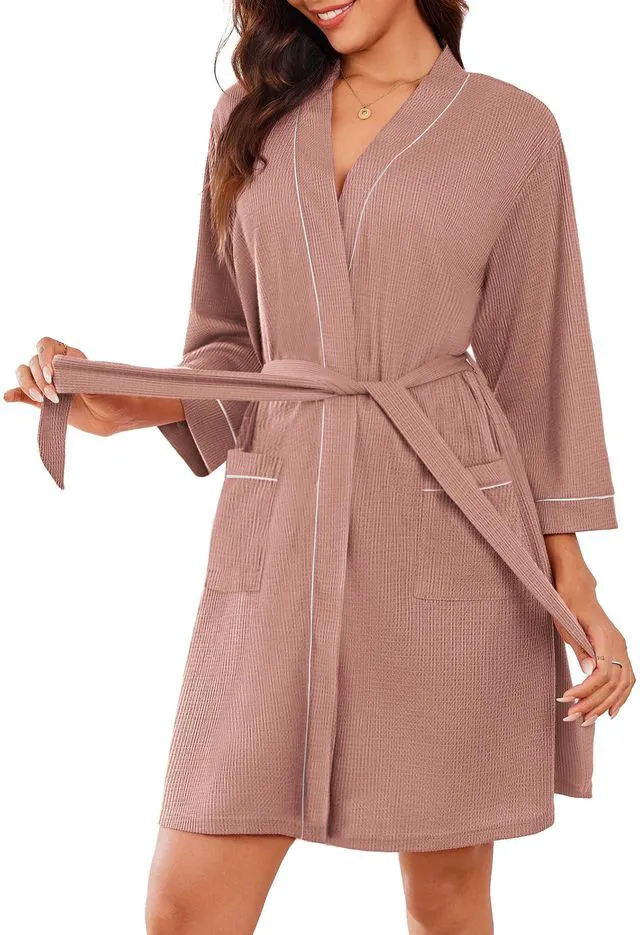 Main image of Women Robes Waffle Knee Length Bathrobe Lightweight Soft Sleepwear V neck 3/4 Sleeve Casual Ladies Loungewear Pink S