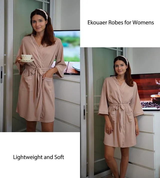 Alt view image 2 of 5 - Women Robes Waffle Knee Length Bathrobe Lightweight Soft Sleepwear V neck 3/4 Sleeve Casual Ladies Loungewear Pink S