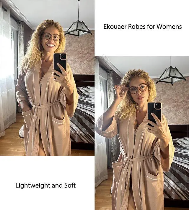 Alt view image 3 of 5 - Women Robes Waffle Knee Length Bathrobe Lightweight Soft Sleepwear V neck 3/4 Sleeve Casual Ladies Loungewear Pink S